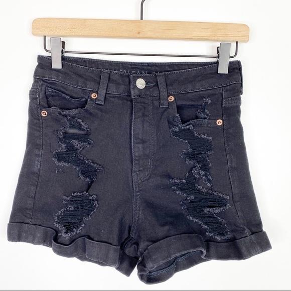 American Eagle Outfitters Black Ripped High Rise Cuffed Denim Mom Shorts - Picture 1 of 7